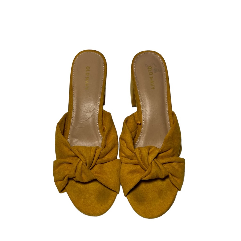 Old Navy Faux Suede Knotted Mustard Block Heel Mules Size 9 - Picture 2 of 7